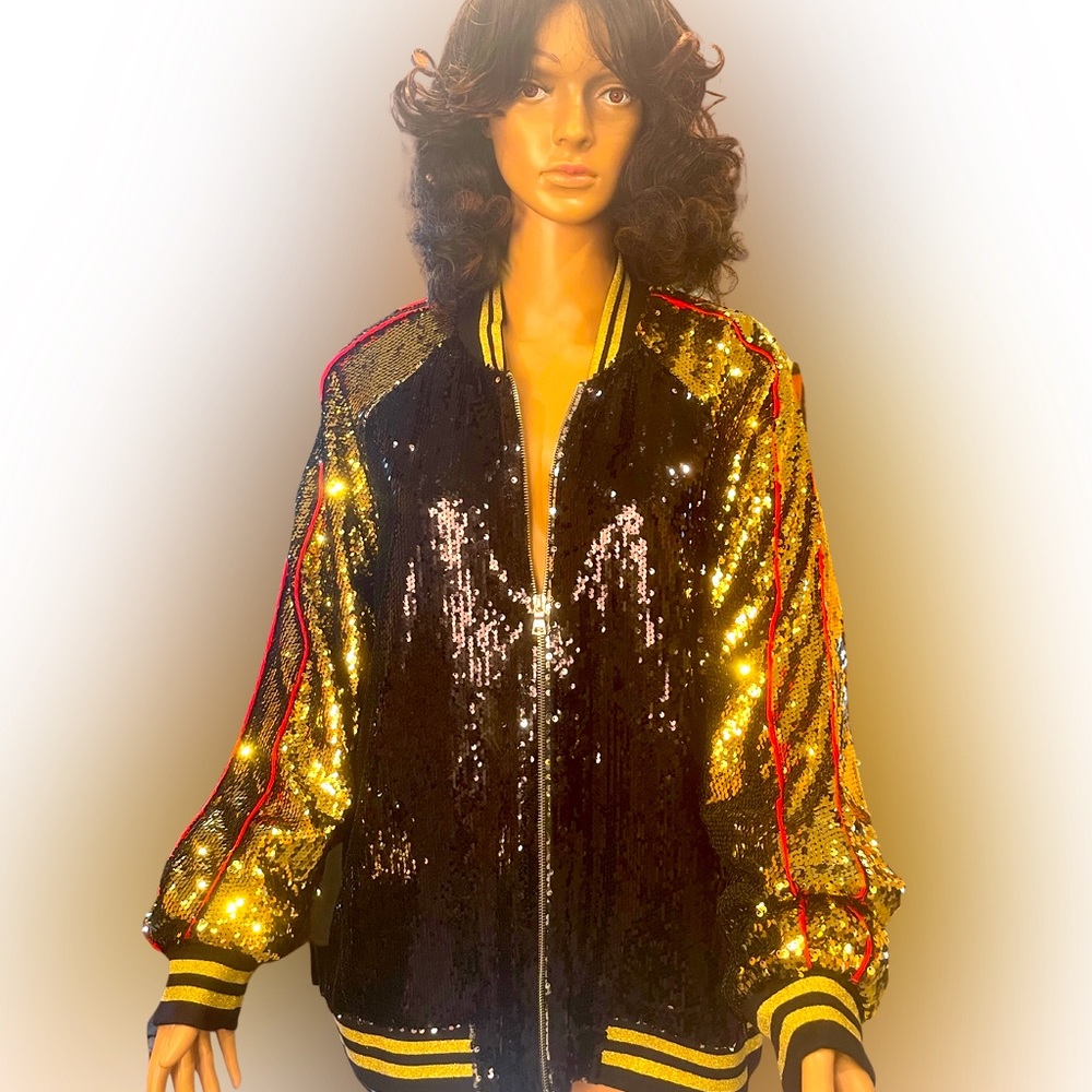 Forever, 21 XL BLK/Gold Glitter, sequin jacket w/pockets Zipper Frt blkBand Base